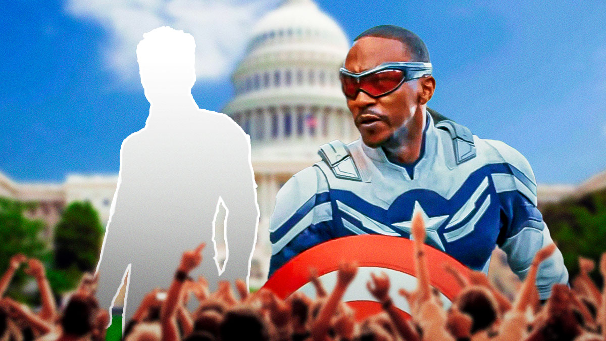 Silhouette of Marvel's Bucky Barnes/the Winter Soldier, who makes an appearance in Captain America: Brave New World, next to Anthony Mackie as Sam Wilson with White House background.