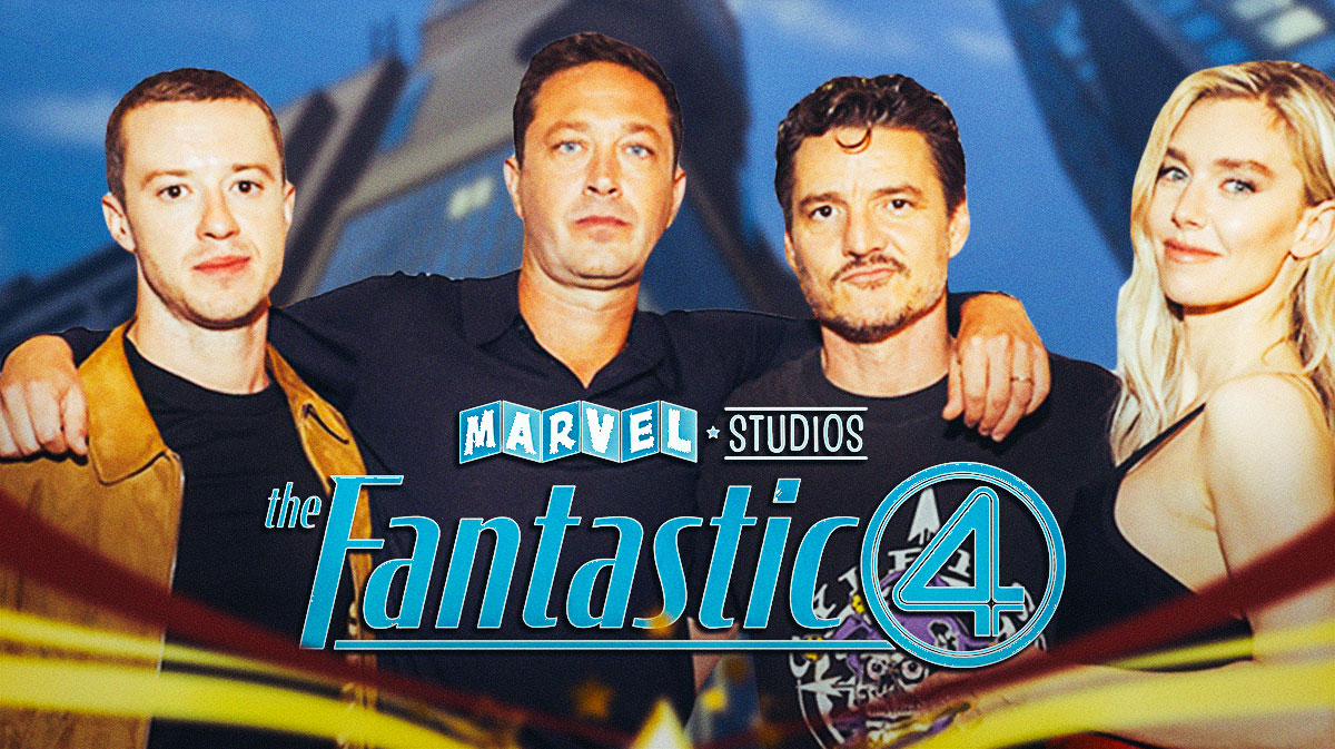 The Fantastic Four: First Steps Marvel Cinematic Universe (MCU) logo with stars Joseph Quinn, Ebon Moss-Bachrach, Pedro Pascal, and Vanessa Kirby in front of the Baxter Building.