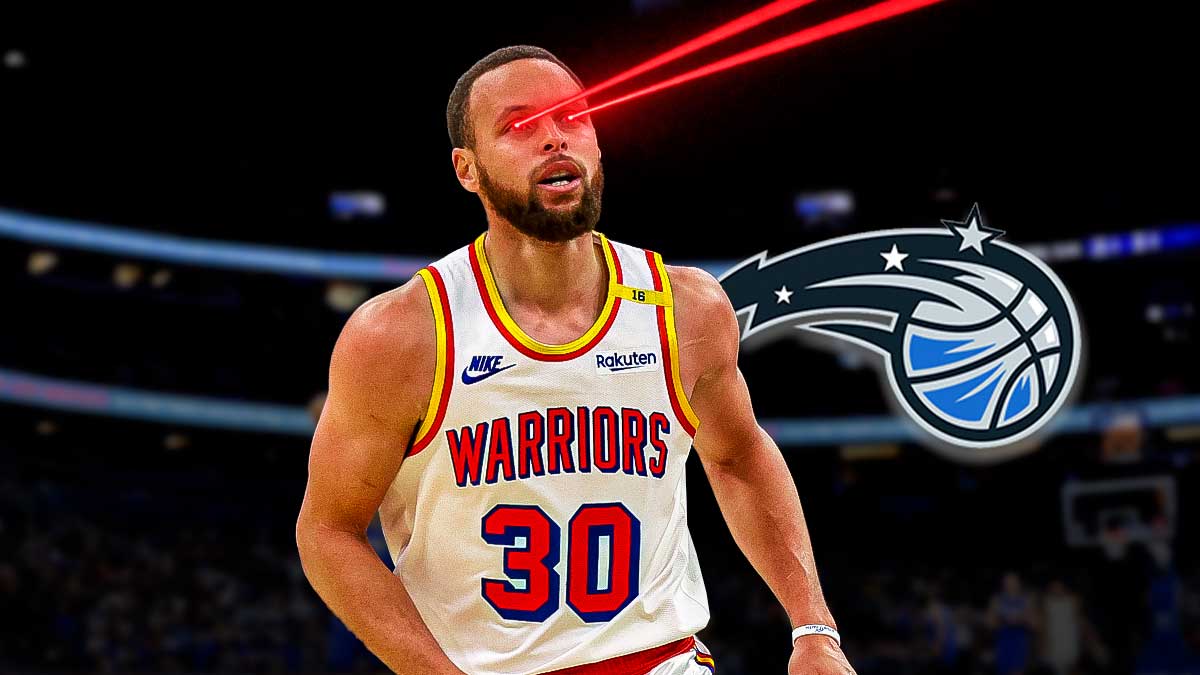 Warriors' Stephen Curry with laser eyes, Magic, Kia Center in back