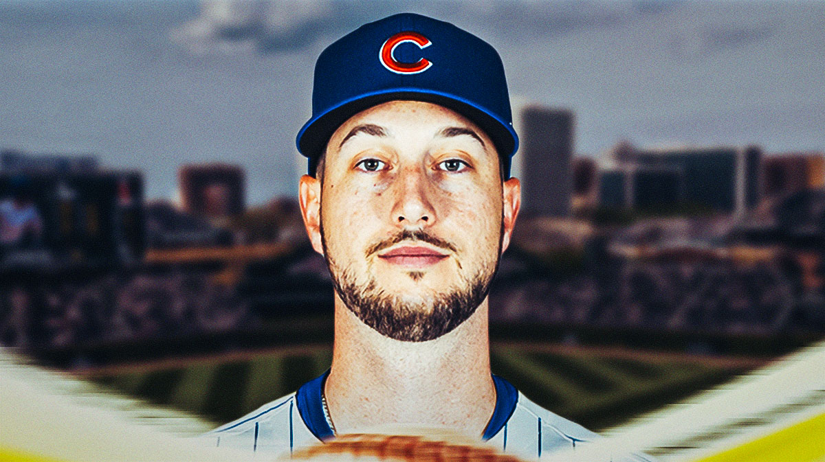 Cubs, Astros, Kyle Tucker, Kyle Tucker Cubs, Cubs Spring Training, Kyle Tucker in cubs uniform with cubs stadium in the background