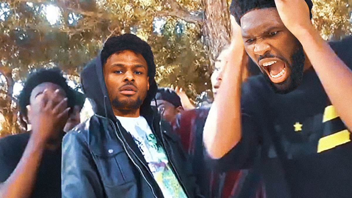 Bronny James (Lakers) as the guy in the hoodie) and Joel Embiid (76ers) as the guy with his hand on his head