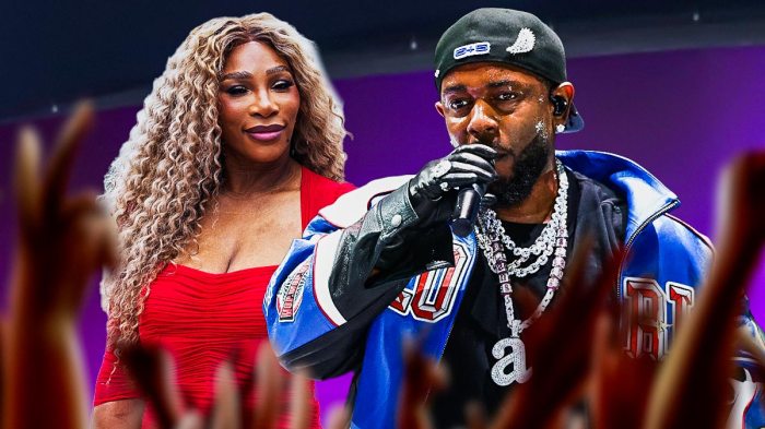 Serena Williams and Kendrick Lamar. Super Bowl logo in the background.