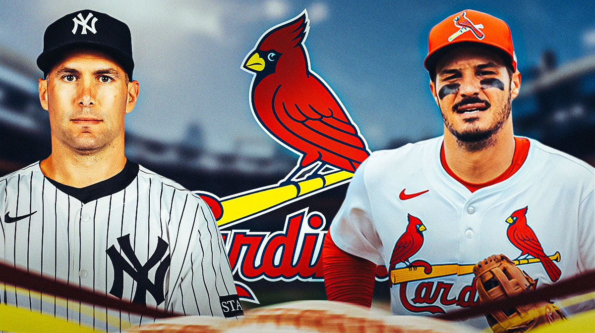 Paul Goldschmidt in a Yankees uniform. St. Louis Cardinals logo. Nolan Arenado