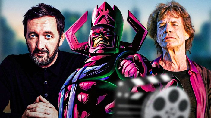The Fantastic Four: First Steps Marvel star Ralph Ineson next to Galactus and Mick Jagger of the Rolling Stones with New York City background.
