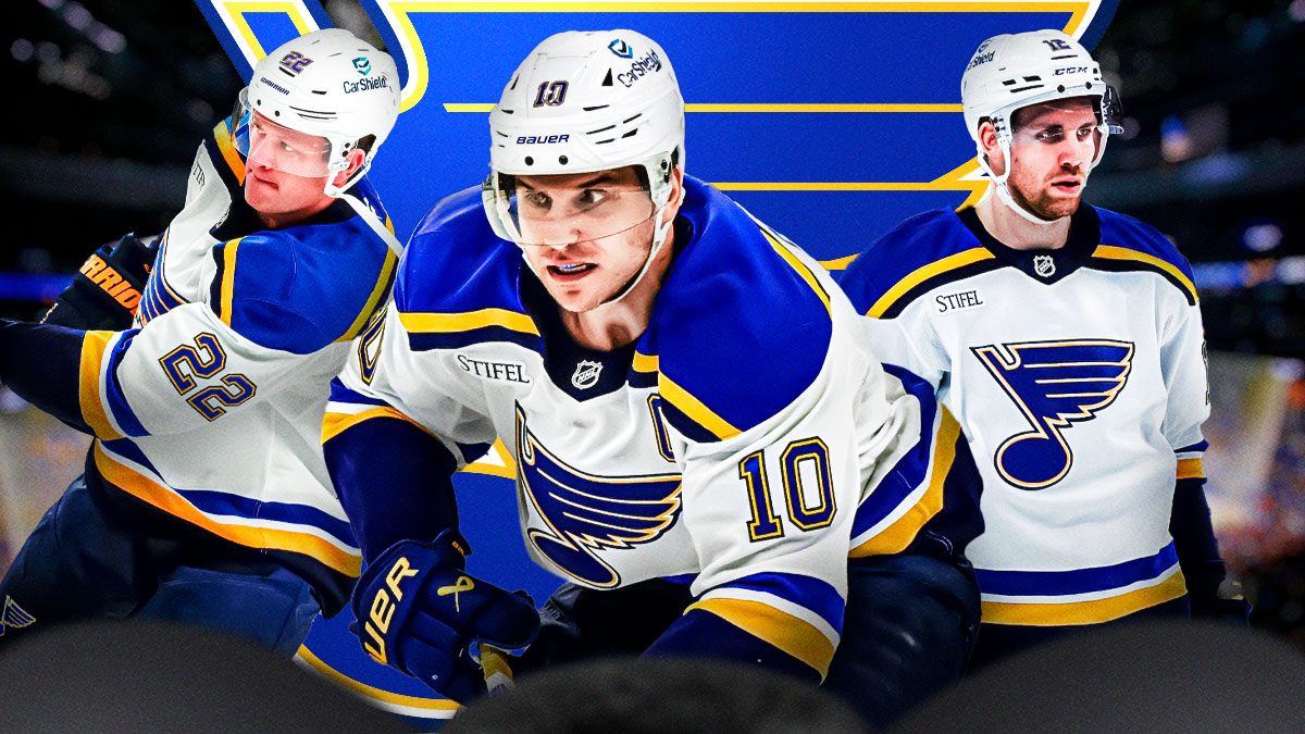 Brayden Schenn, Ryan Suter and Radek Faksa in image, St. Louis Blues logo, hockey rink in background