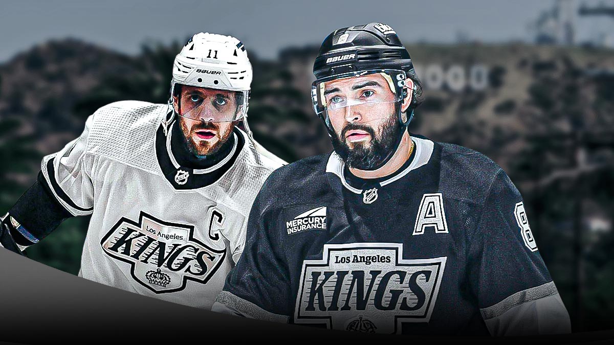 Los Angeles Kings stars Anze Kopitar and Drew Doughty. Please use an image of the Hollywood sign as the background image. Kings trade rumors