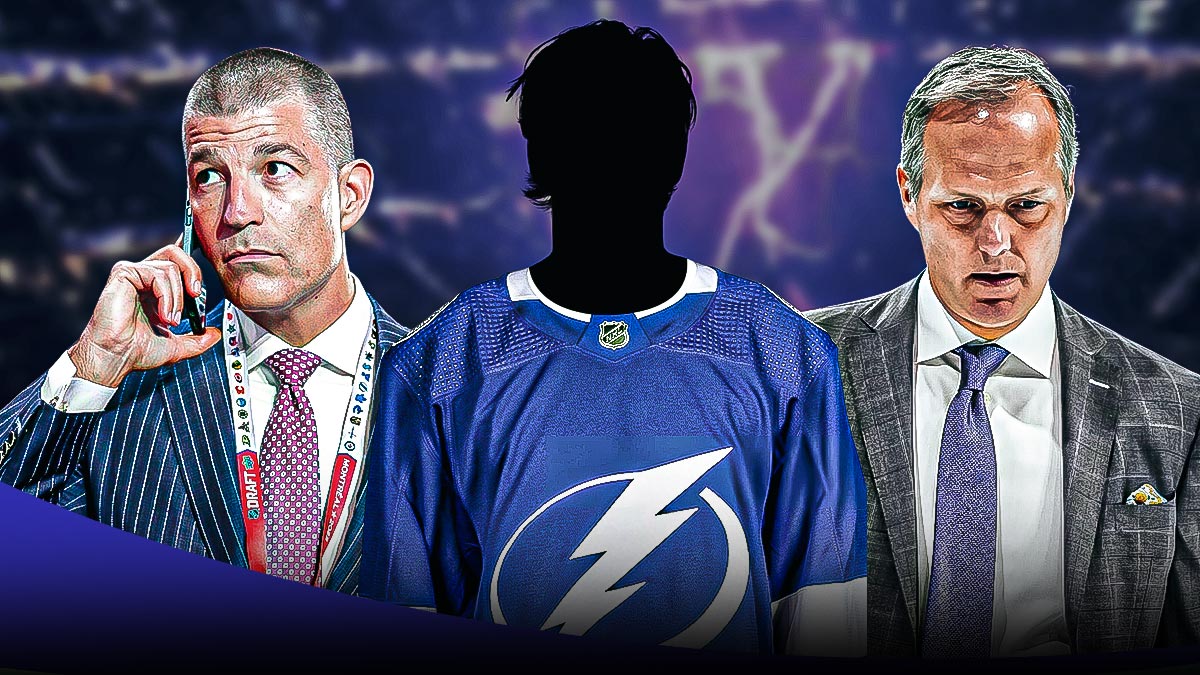 Tampa Bay Lightning general manager Julien BriseBois on left side, Tampa Bay Lightning head coach Jon Cooper on right side, blank player silhouette with question marks in center, Amalie Arena (home arena of the Tampa Bay Lightning) in center