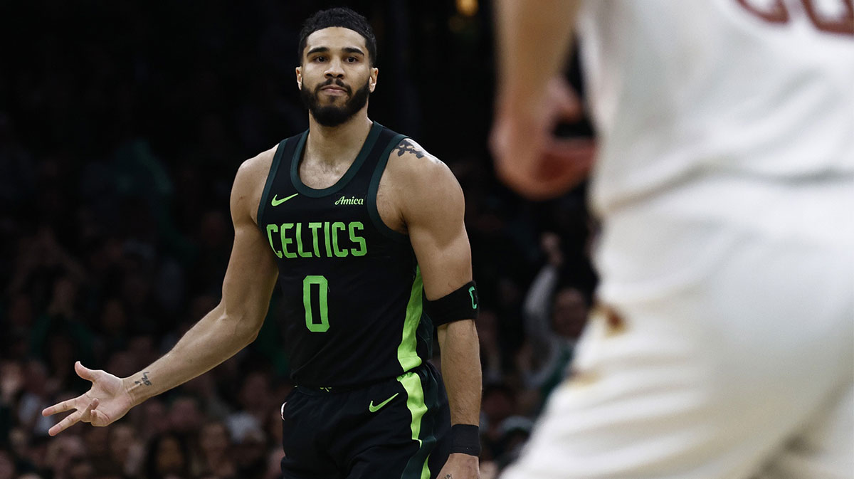 Boston Celtics forward Jayson Tatum (0) after making a three point basket against the Cleveland Cavaliers during the second quarter at TD Garden.