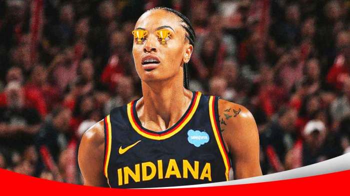 WNBA player DeWanna Bonner, in an Indiana Fever jersey, with trophy emojis in her eyes