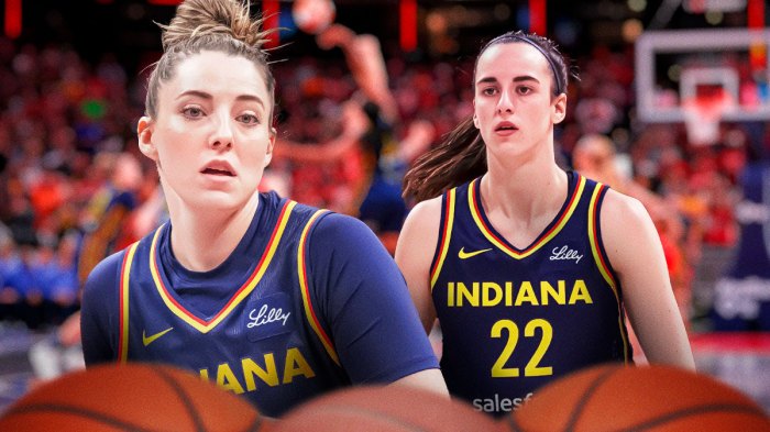 Caitlin Clark looks sadly at Katie Lou Samuelson, both in Fever jerseys
