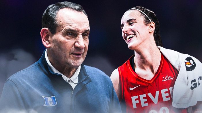 Featured Graphic idea: image of Mike Krzyzewski smiling next to image of Indiana Fever guard Caitlin Clark smiling. Indiana Fever logo in background