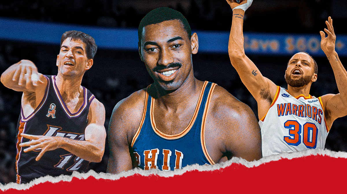 --Steph Curry shooting a three (LEFT) --Wilt Chamberlain looking straight ahead (CENTER) --John Stockton throwing a pass (RIGHT)