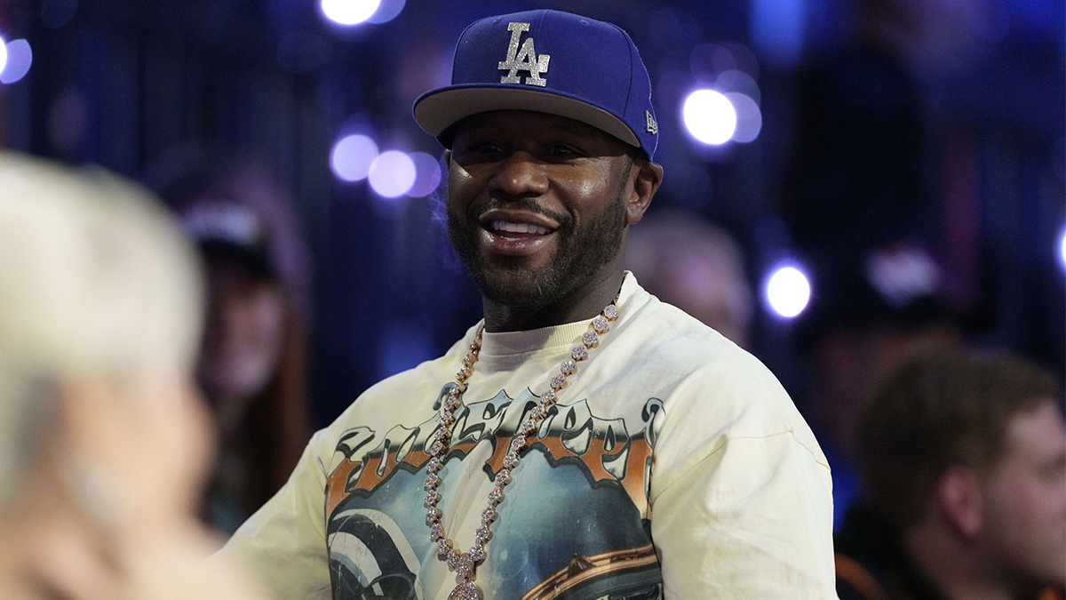 Floyd Mayweather Jr. during the 1st quarter of the Emirates NBA Cup championship game between the Oklahoma City Thunder and Milwaukee Bucks at T-Mobile Arena.