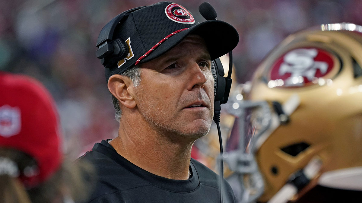 San Francisco 49ers quarterbacks coach Brian Griese watches the action from the sideline in the third quarter against the New York Jets at Levi's Stadium.