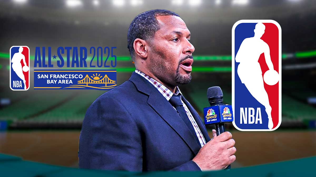 Celtics commentator Eddie House in street clothes next to the 2025 NBA All-Star Game logo with the NBA logo in the background