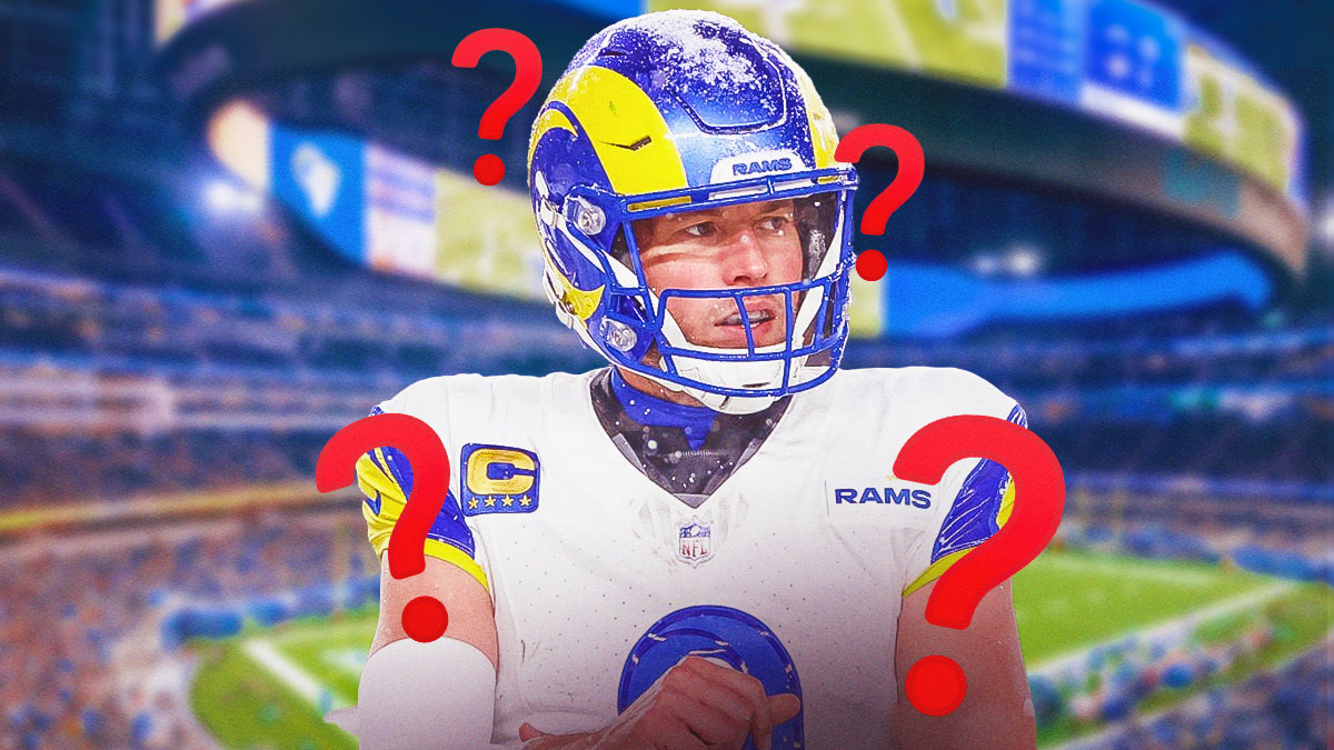 Matthew Stafford in a Los Angeles Rams uniform with question marks surrounding him.