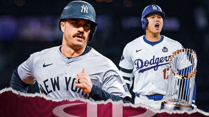 Jon Berti (Yankees) looking sad, with Shohei Ohtani hoisting the 2024 World Series trophy beside him