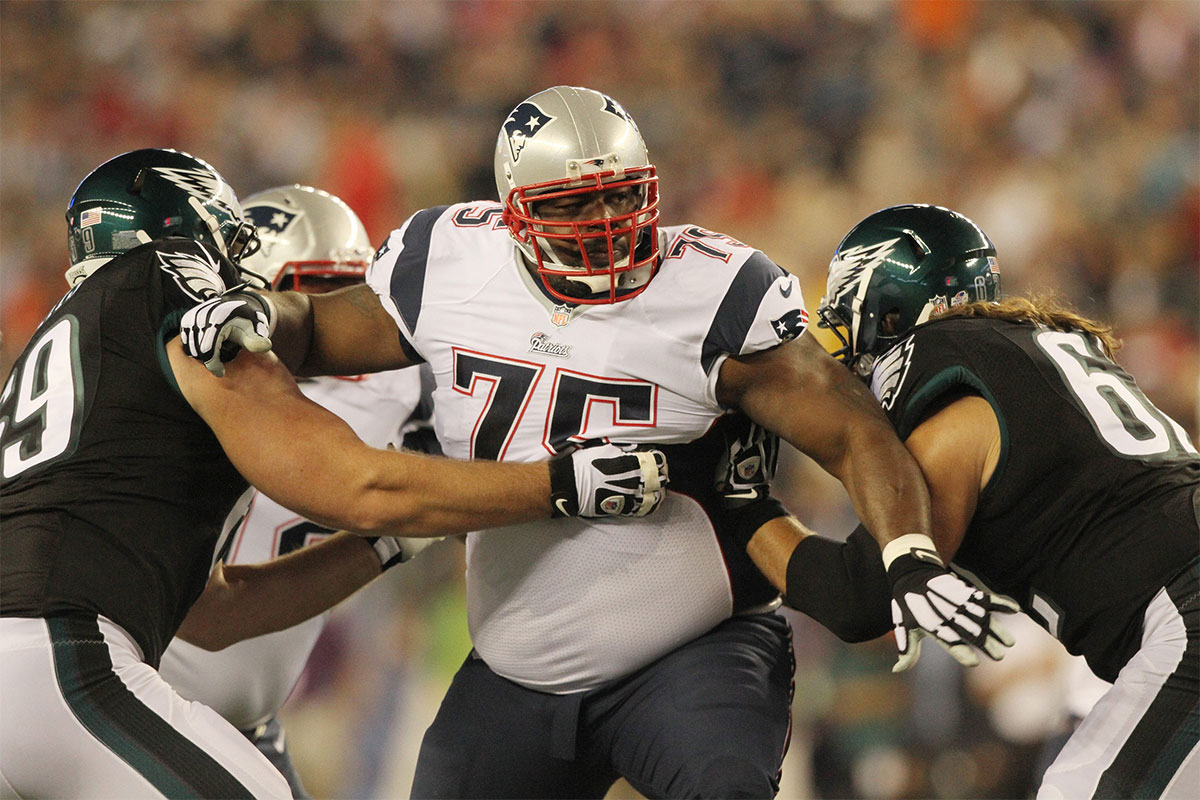 August 15, 2014 Foxboro, MA The New England Patriots host the Philadelphia Eagles in a pre-season game at Gillette stadium. Patriots defensive lineman #75 Vince Wilfork gets double-teamed while he rushes the quarterback in the 1st quarter. Wilfork Patseagles Bb
