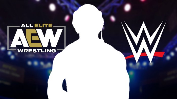 The blacked-out silhouette of Josh Alexander with the AEW logo on his left and the WWE logo on his right.