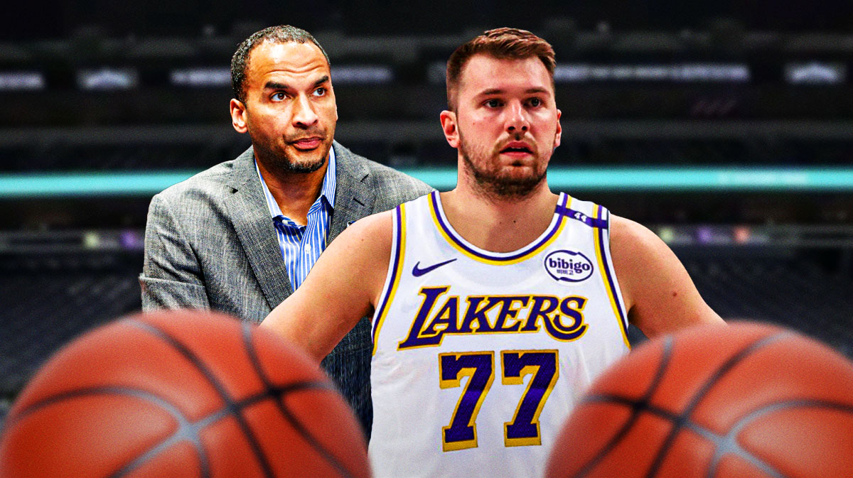 Luka Doncic looking serious in a Lakers 2024-25 jersey. Mavericks Nico Harrison looking serious on left.
