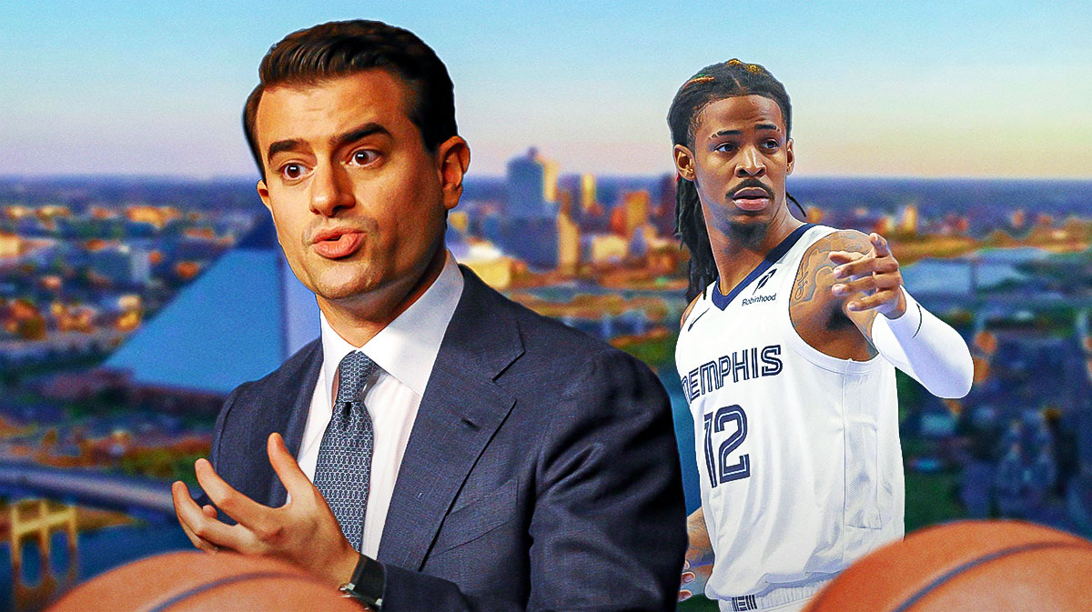 Grizzlies GM Zack Kleiman next to Grizzlies guard Ja Morant with the Memphis city skyline in the background