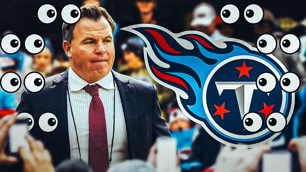Mike Borgonzi and the Tennessee Titans logo on one side, a bunch of Tennessee Titans fans on the other side with the big eyes emoji around them