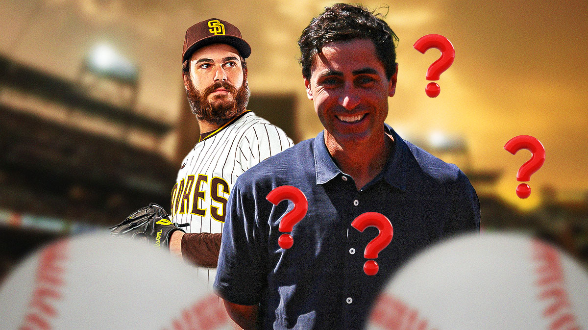 Padres general manager AJ Preller with question marks around him, and Dylan Cease next to him.