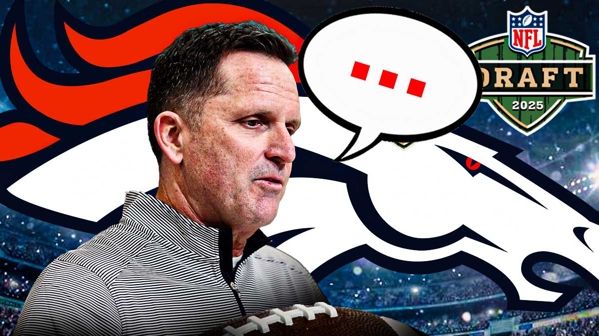 Denver Broncos GM George Paton with a speech bubble that has the three dots emoji inside. There are also logos for the Denver Broncos and the 2025 NFL Draft.