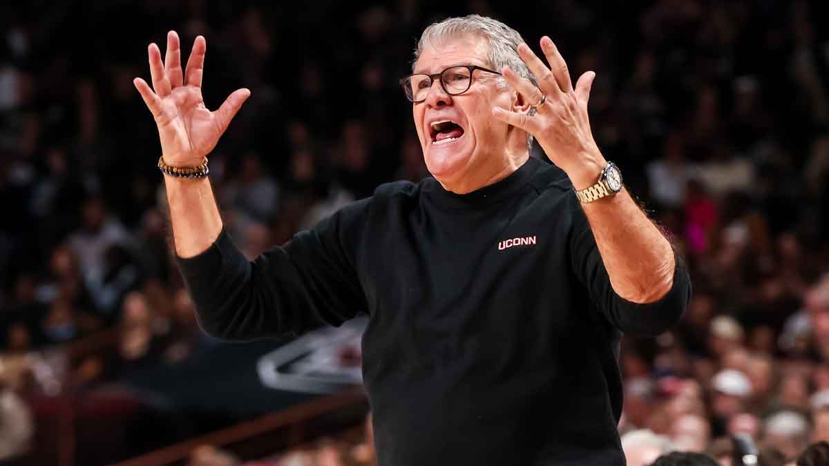 Feb 16, 2025; Columbia, South Carolina, USA; UConn Huskies head coach Geno Auriemma directs his team against the South Carolina Gamecocks in the second half at Colonial Life Arena. Mandatory Credit: Jeff Blake-Imagn Images