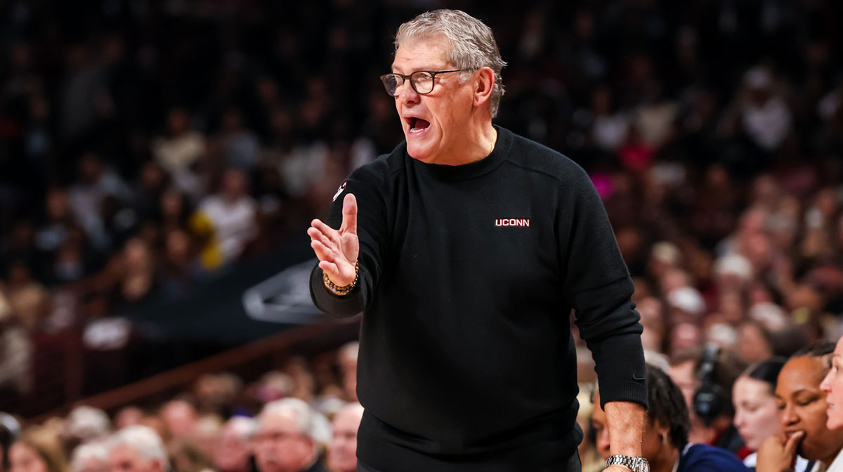 UConn Huskies head coach Geno Auriemma directs his team against the South Carolina Gamecocks in the first half at Colonial Life Arena.