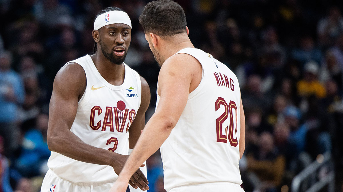 Cleveland Cavaliers Guard Caris Levert (3) and Georges Niang (20) celebration in the second half against Indiana Pacer at Gaibridge Fieldhouse. 