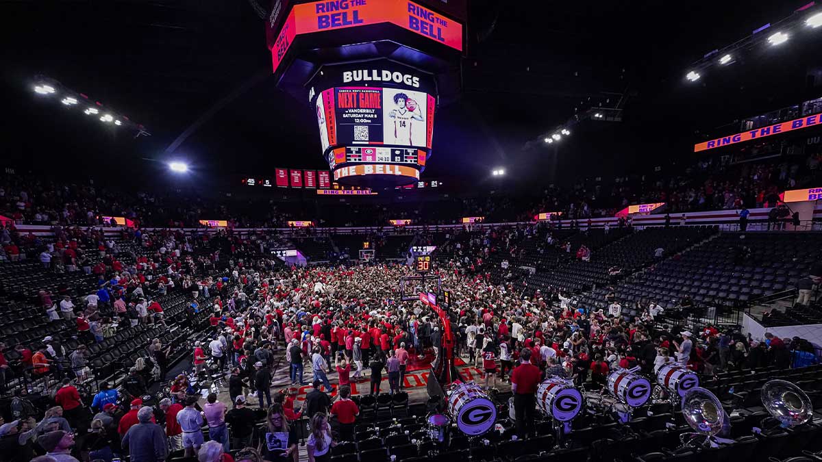 Post game scenes and reactions after the Georgia Bulldogs defeated the Florida Gators and the fans rushed the court at Stegeman Coliseum.