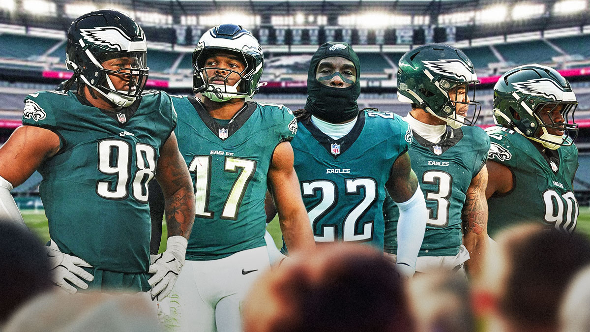Eagles players Jalen Carter, Jordan Davis, Nakobe Dean, Kelee Ringo, and Nolan Smith in front of the Eagles stadium.