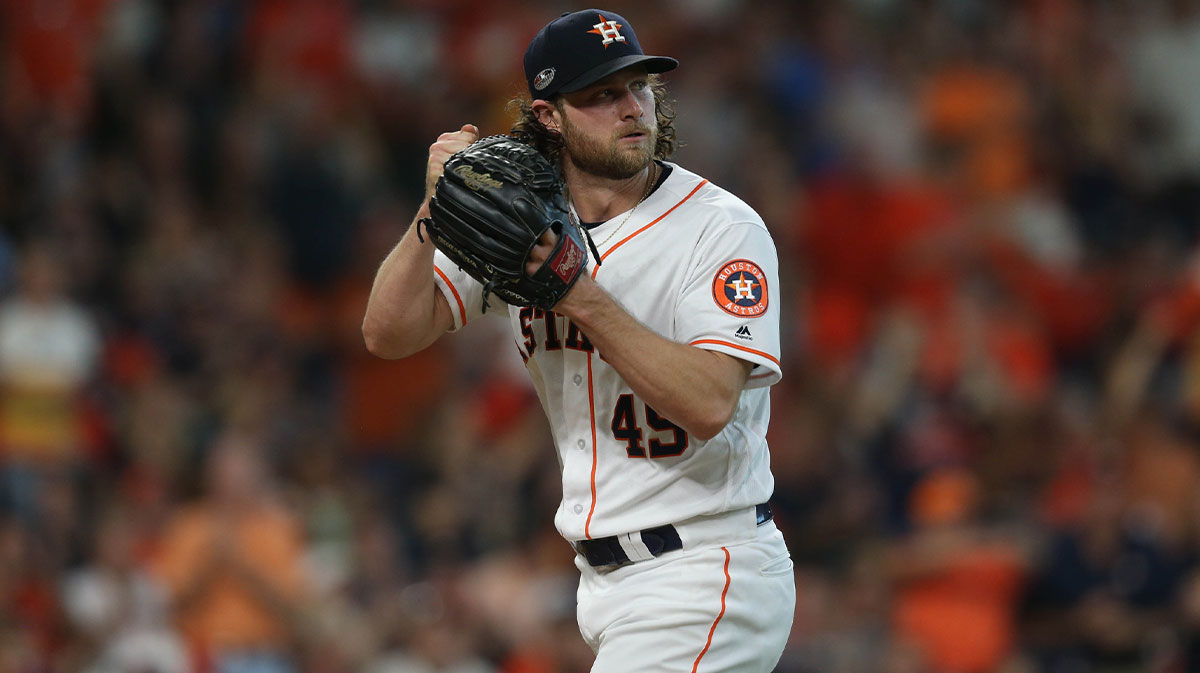 Houston Astros starting pitcher Gerrit Cole (45) reacts after the fifth inning against the Cleveland Indians during game two of the 2018 ALDS playoff baseball series at Minute Maid Park.