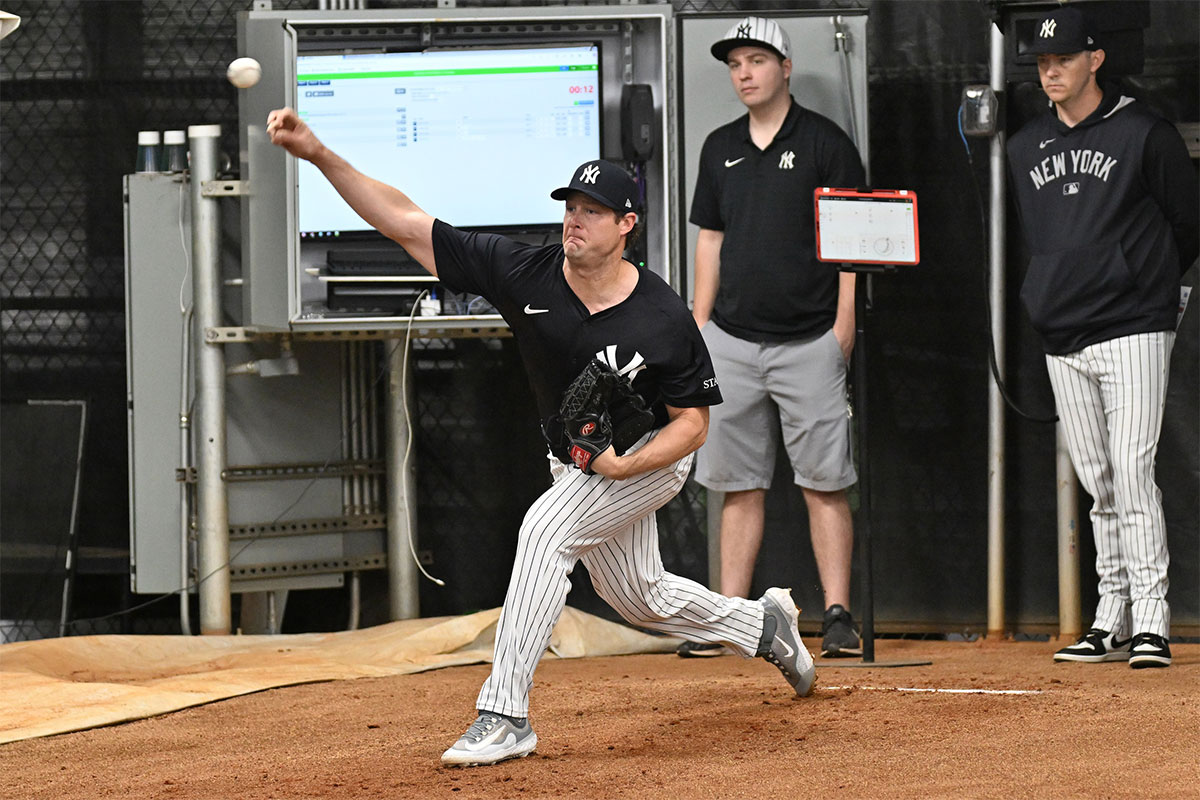 New York Yankees pitcher Gerrit Cole (45) throws a pitch during spring training at George M. Steinbrenner Field.