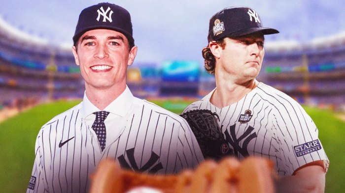 Gerrit Cole and Max Fried in Yankees uniforms.