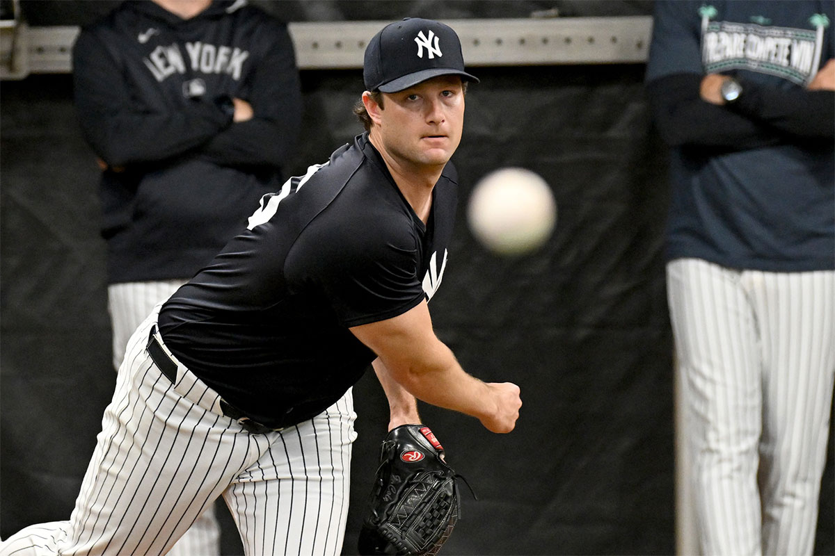 New York Yankees pitcher Gerrit Cole (45) throws a pitch during spring training at George M. Steinbrenner Field. 