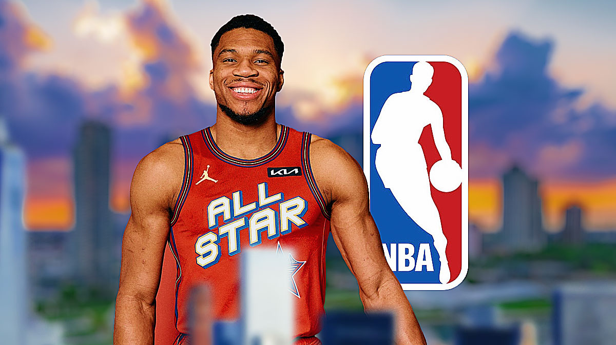 Bucks All-Star Giannis Antetokounmpo next to the NBA logo with the Milwaukee skyline in the background