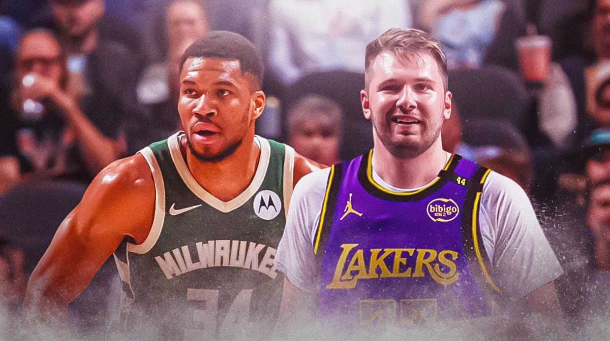 Giannis Antetokounmpo (Bucks) looking shocked with Luka Doncic (in Lakers uniform)