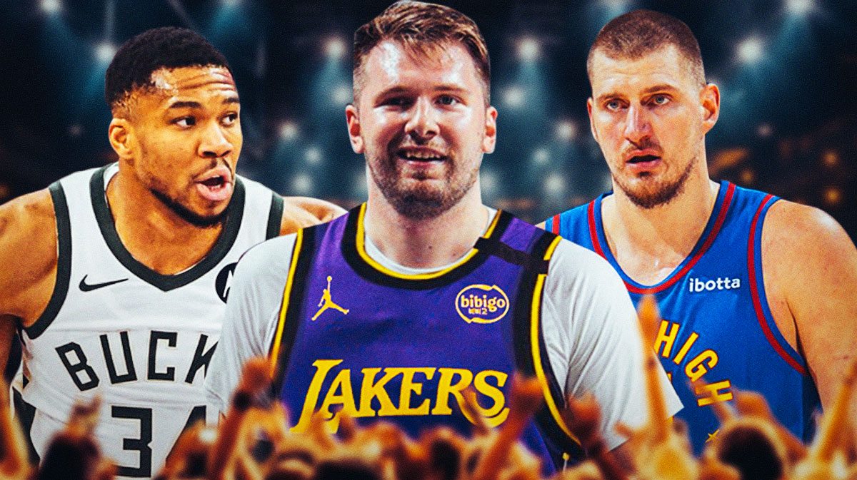 Giannis Antetokounmpo, Luka Doncic in a Lakers jersey, and Nikola Jokic.