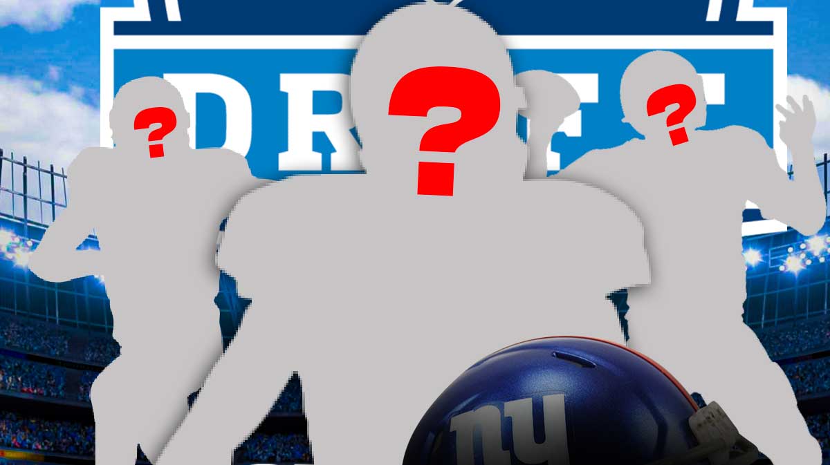 3 NY Giants player silhouettes with question marks where the faces would be and a 2025 NFL draft background