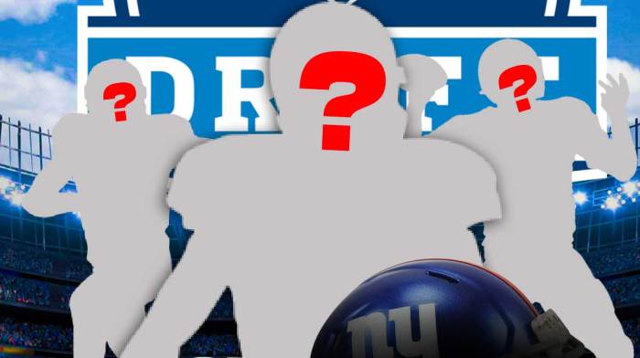 3 NY Giants player silhouettes with question marks where the faces would be and a 2025 NFL draft background