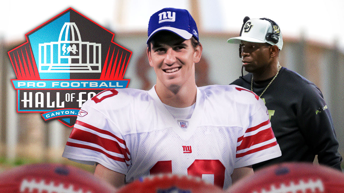 NFL Hall of Fame logo with New York Giants legend Eli Manning and Deion Sanders.