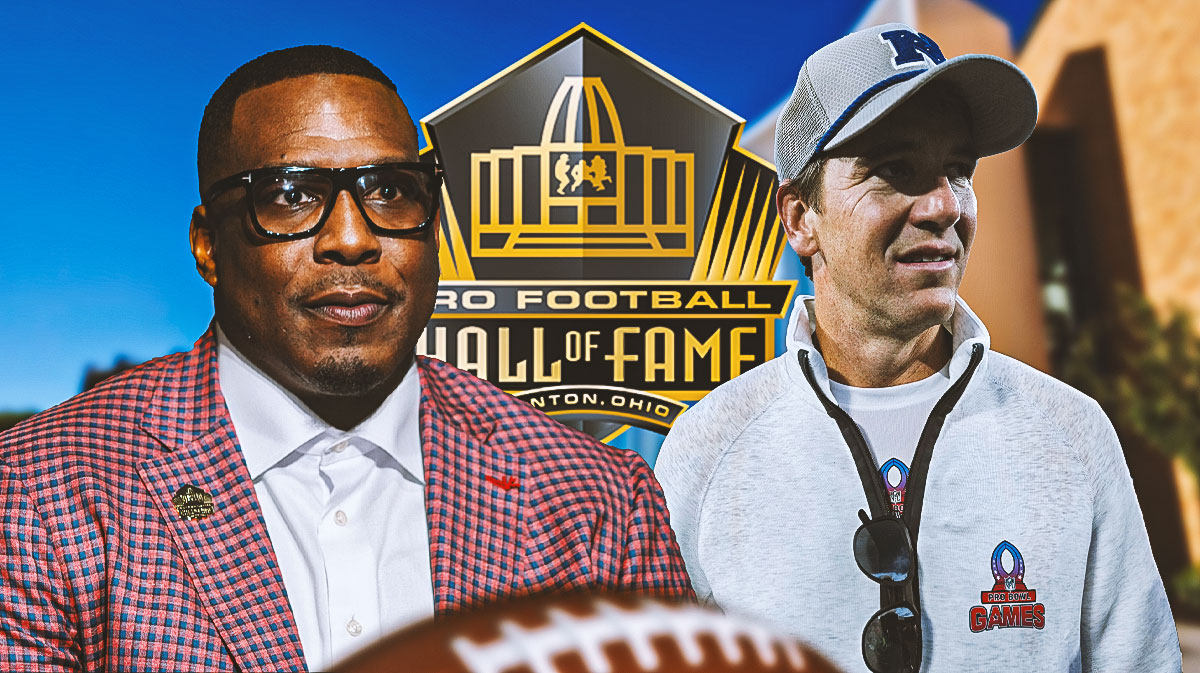 NFL Hall of Fame logo with 2025 inductee and San Diego/Los Angeles Chargers tight end Antonio Gates and snub New York Giants legend Eli Manning.