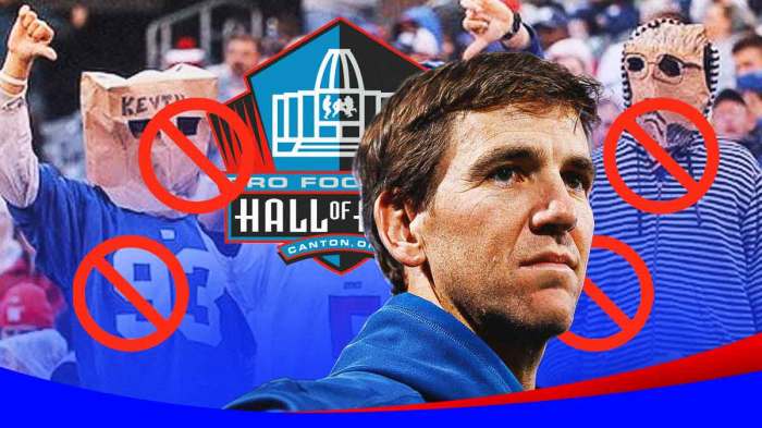 New York Giants (NFL) fans angry in the stands with Eli Manning sad/crying. NFL Hall of Fame logo and 🚫 emojis in the background.