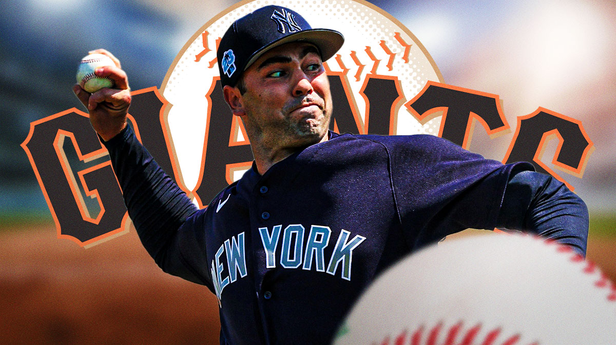 Lou Trivino pitching in a New York Yankees uniform with a San Francisco Giants logo.