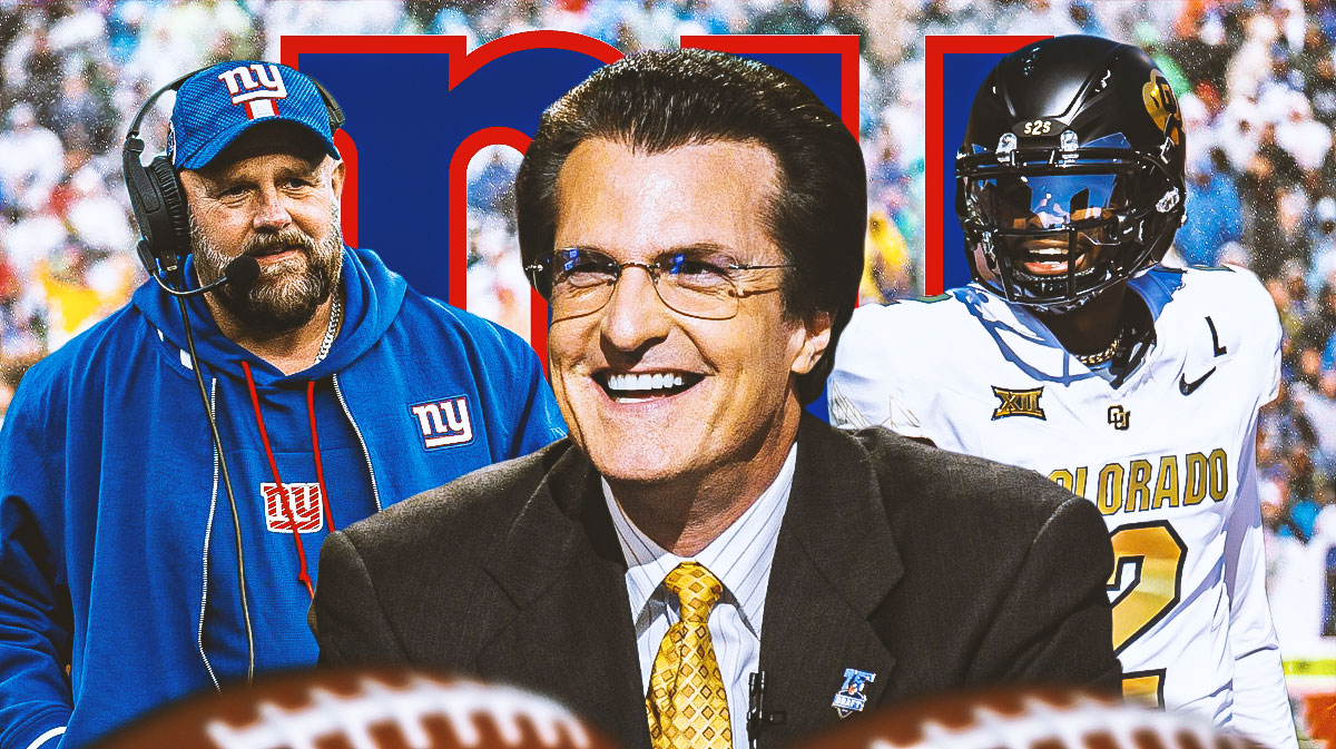 Mel Kiper, Brian Daboll, Shedeur Sanders. NY Giants logo in background