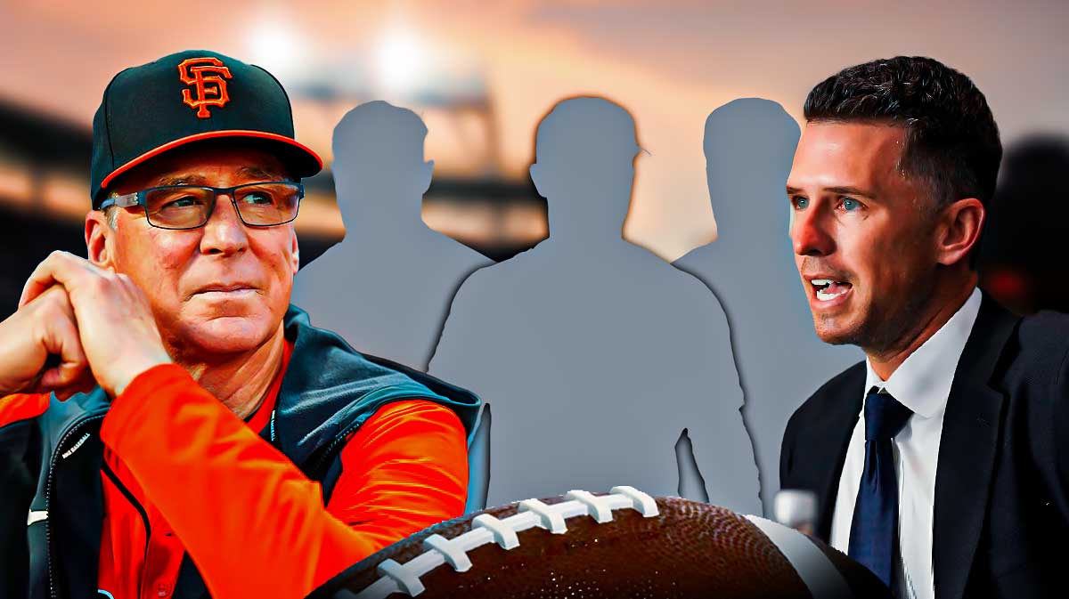 Buster Posey and Bob Melvin standing next to each other looking at the silhouette's of Alex Bregman, Joey Gallo, Nick Pivetta, and Andrew Heaney with question marks around everyone