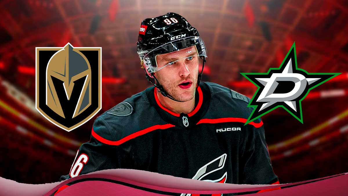 Mikko Rantanen in a Hurricanes jersey in the middle, with the Golden Knights and Stars logos next to him on either side with question marks