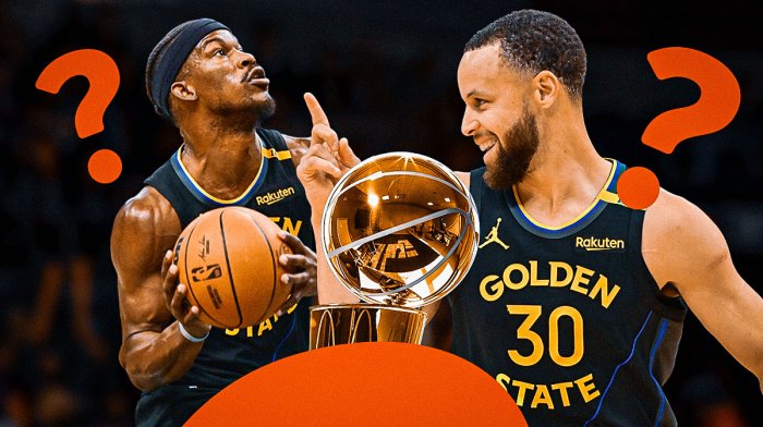 Warriors' Jimmy Butler and Stephen Curry with Larry O'Brien trophy beside them, question marks all over